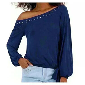 INC International Concepts Womens S Blue Off Shoulder Top Long Sleeve Tie Accent